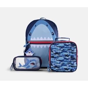 Cat & Jack Shark 4 Piece Backpack Set Blue Camo Lunch Bag Pencil Pouch Keychain